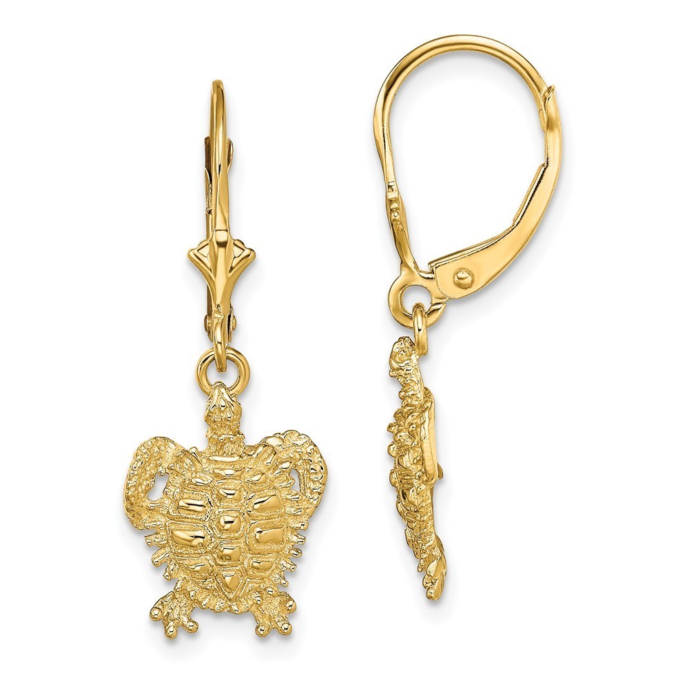 14k Yellow Gold Turtle Leverback Dangle Drop Earrings